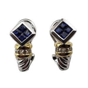 18K Two-Tone Gold Sapphire and Diamond Earrings JAGi Certified #15945